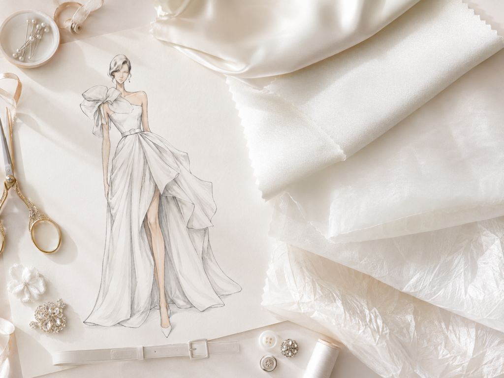 The same design can look completely different depending on the fabric. Fabric choice affects volume, movement, structure, transparency, and overall mood. For the bodice, a stable fabric would be ideal. Mikado, duchess satin, structured satin, or a firm woven fabric could help maintain the clean shape of the top. The bodice should not collapse or stretch too much, especially because of the asymmetrical neckline. For the skirt, the choice depends on the desired effect. Satin creates a soft and elegant flow. Organza adds lightness and transparency. Taffeta gives volume and a crisp sound. Mikado creates a more sculptural and architectural silhouette. For the shoulder bow, structure is essential. A very soft fabric might fall flat and lose the dramatic shape. Organza, taffeta, mikado, or reinforced satin could work well. Interfacing or multiple layers may be necessary to hold the bow’s volume. The lining is also important. A well-made evening gown is not only beautiful on the outside. Its inner construction supports the shape, improves comfort, and gives the garment a professional finish.